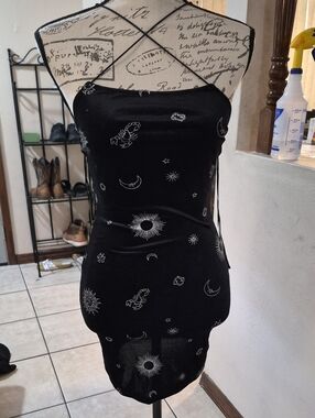 Divided Black Celestial Print Slip Dress
